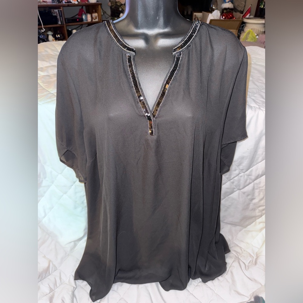 Torrid Gray Georgette Embellished Neck Hi-Low Short Sleeve Blouse